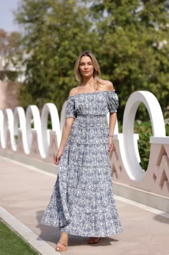 Santorini Maxi Dress in Blue Botanical Vine