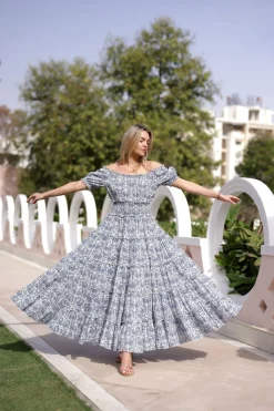 Santorini Maxi Dress in Blue Botanical Vine