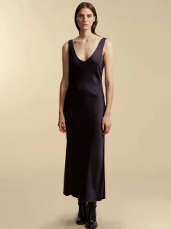 Satin Bias Slipdress with Cowl Back in Navy