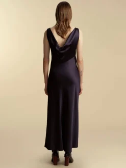 Satin Bias Slipdress with Cowl Back in Navy