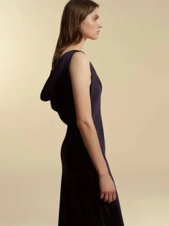 Satin Bias Slipdress with Cowl Back in Navy