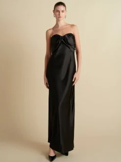 Satin Draped Bustier Dress in Black
