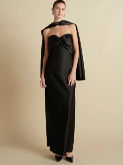 Satin Draped Bustier Dress in Black