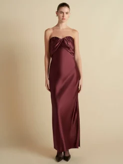 Satin Draped Bustier Dress in Garnet