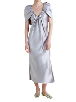 Satin Sheath with Draped Neckline in Pale Grey