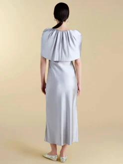 Satin Sheath with Draped Neckline in Pale Grey