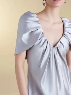 Satin Sheath with Draped Neckline in Pale Grey
