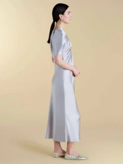 Satin Sheath with Draped Neckline in Pale Grey