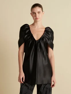 Satin Top with Draped Neckline in Black