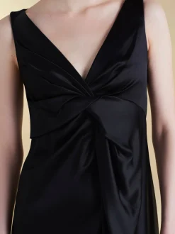 Satin V-Neck Twist Dress in Black