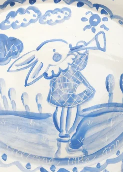 Scalloped Birth Plate in Blue with Rabbit