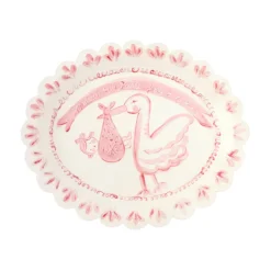 Scalloped Stork Birth Plate in Pink