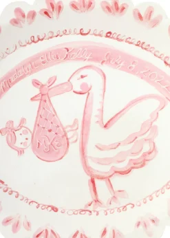 Scalloped Stork Birth Plate in Pink