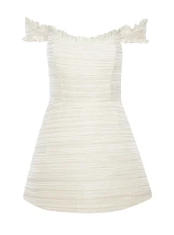 Scarlett Pleated Off-The-Shoulder Mini Dress in Duchess Satin