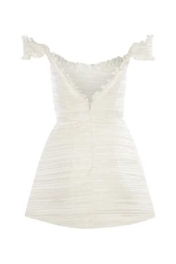 Scarlett Pleated Off-The-Shoulder Mini Dress in Duchess Satin