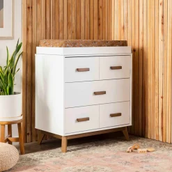 Scoot 3-Drawer Changer Dresser with Removable Changing Tray in White & Natural Walnut