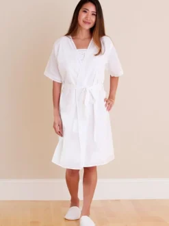 Short Sleeve White Cotton Robe with Lace