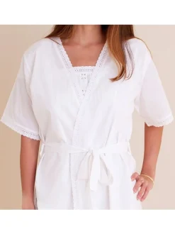 Short Sleeve White Cotton Robe with Lace