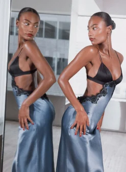 Silk & Lace Cutout Slip in Blue Haze