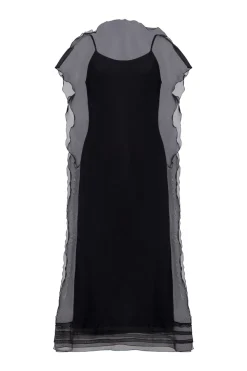 Silk Organza Sack Dress with Scalloped Edge in Black
