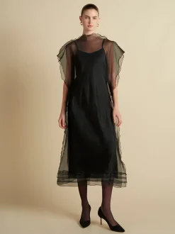 Silk Organza Sack Dress with Scalloped Edge in Black