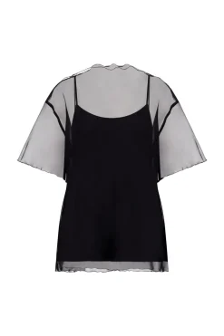 Silk Organza T-Shirt with Scalloped Edge in Black