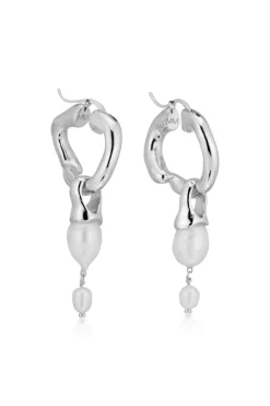 Silver Interlocking Hoops with Pearl Pendants