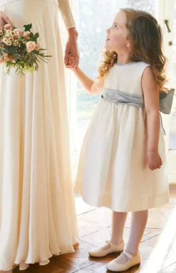 Sleeveless Flower Girl Dress in Ivory with Blue Silk Sash