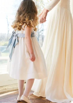Sleeveless Flower Girl Dress in Ivory with Blue Silk Sash