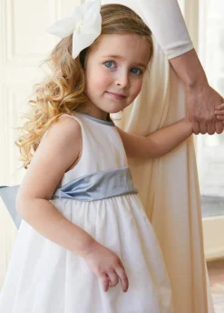 Sleeveless Flower Girl Dress in Ivory with Blue Silk Sash