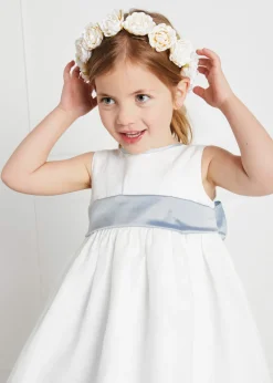 Sleeveless Flower Girl Dress in Ivory with Blue Silk Sash