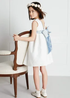 Sleeveless Flower Girl Dress in Ivory with Blue Silk Sash