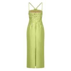 Sofia Dress in Lime Silk Wool with Sporadic Sequins