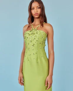 Sofia Dress in Lime Silk Wool with Sporadic Sequins