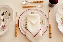 Soft Linen Cord Embroidered Dinner Napkin in White with Bergonia