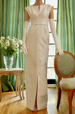 Split Front Waist Inset Column Wedding Gown