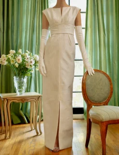 Split Front Waist Inset Column Wedding Gown