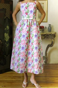 Square Neck Full Skirt in Multi Colored Italian Cotton Eyelet