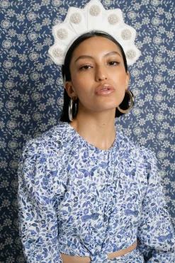 Star Shaped Pearl Headpiece in Ivory Velvet