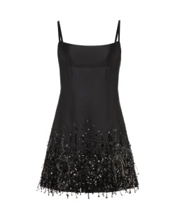 Stella Dress in Black Silk Wool with Tonal Fringe