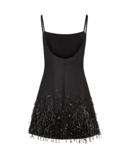 Stella Dress in Black Silk Wool with Tonal Fringe