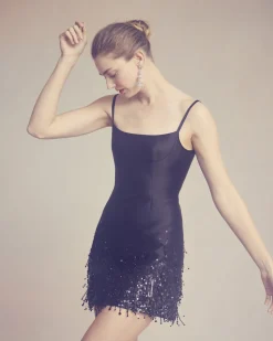 Stella Dress in Black Silk Wool with Tonal Fringe