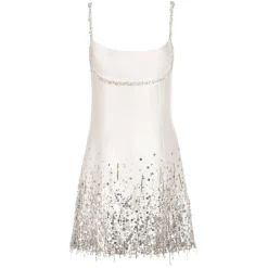 Stella Dress in Ivory Silk Wool with Silver Fringe