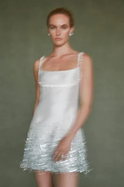 Stella Dress in Ivory Silk Wool with Silver Fringe