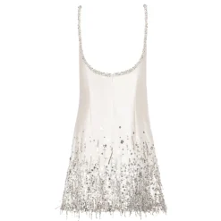 Stella Dress in Ivory Silk Wool with Silver Fringe