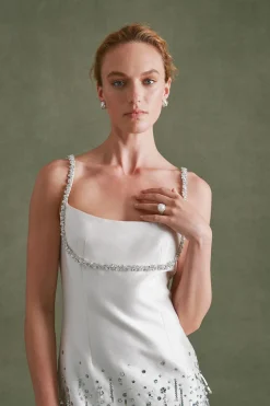 Stella Dress in Ivory Silk Wool with Silver Fringe