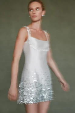 Stella Dress in Ivory Silk Wool with Silver Fringe