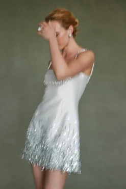 Stella Dress in Ivory Silk Wool with Silver Fringe