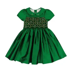 Stella Green Silk Short Sleeve Smocked Dress