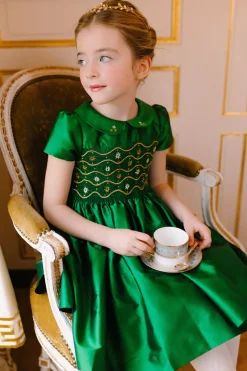 Stella Green Silk Short Sleeve Smocked Dress